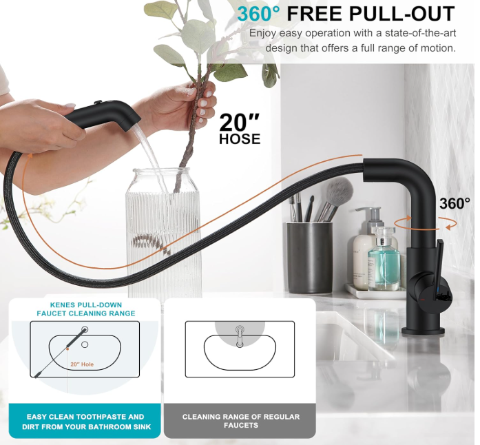 Matte Black Bathroom Faucet with Pull Down Sprayer, Single Handle Bathroom Sink Faucet with Pull Out Sprayer