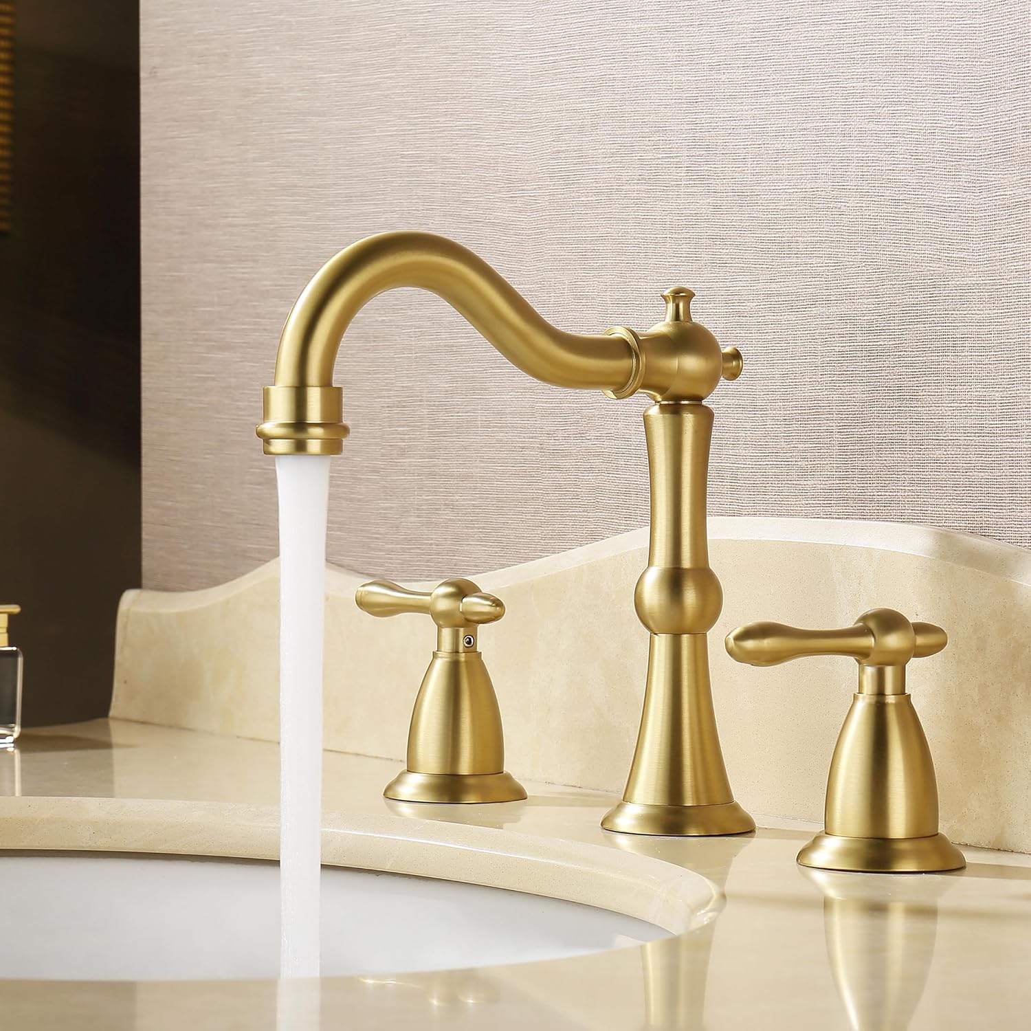 Antique Brushed Gold Bathroom Faucet 3 Hole, Widespread Bathroom Sink Faucet with Pop Up Drain and cUPC Supply Hose