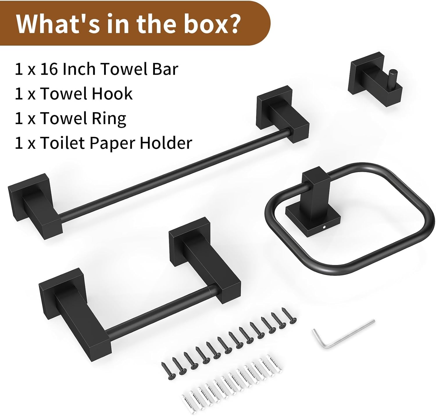 4 Pieces Matte Black Bathroom Hardware Accessories Set, 16 Inch Bath Towel Holder Sets with Toilet Paper Holder