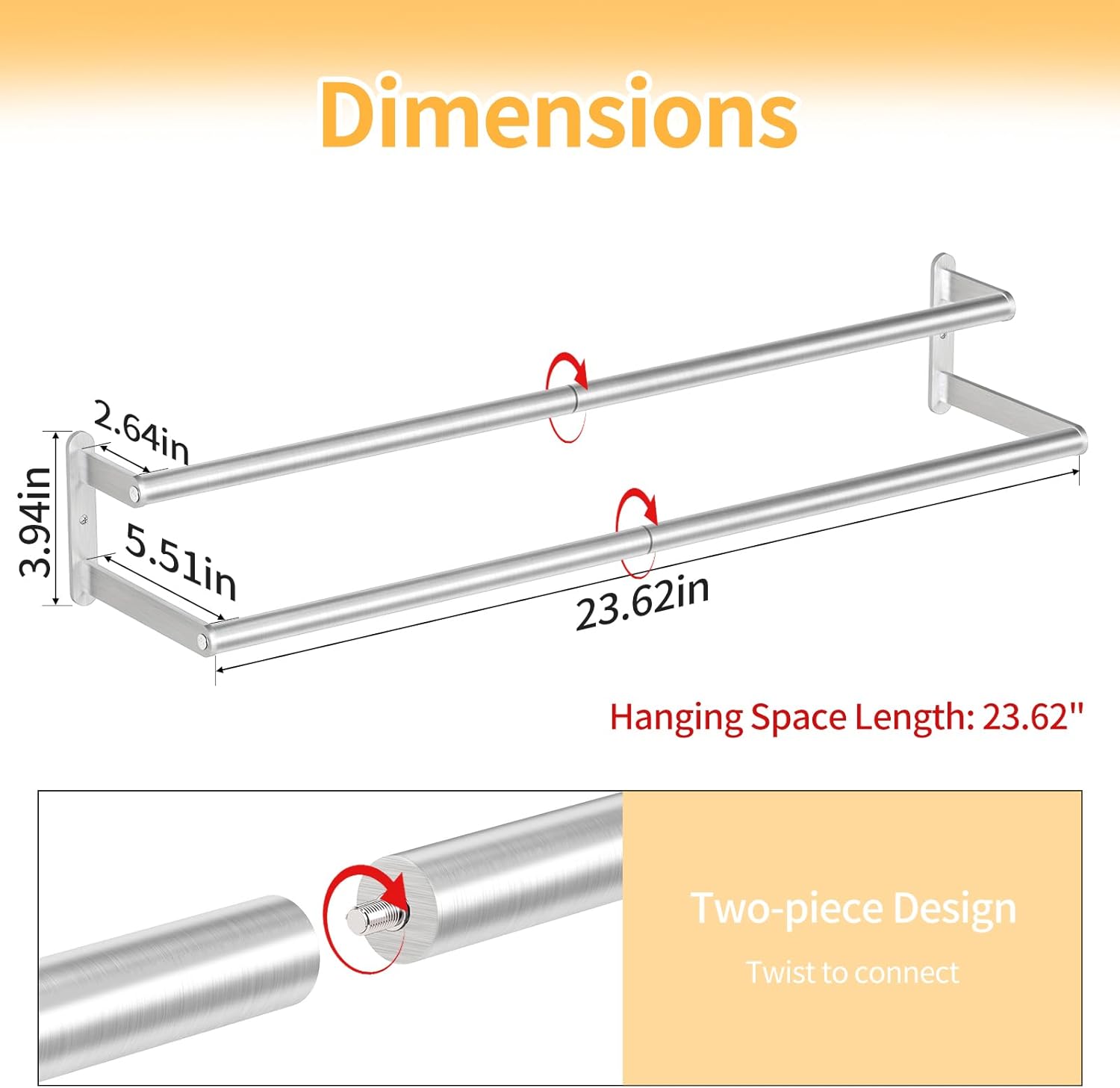 Double Towel Bar 24 Inch, Towel Rack for Bathroom, Stainless Steel Double Bath Towel Rack Wall Mounted