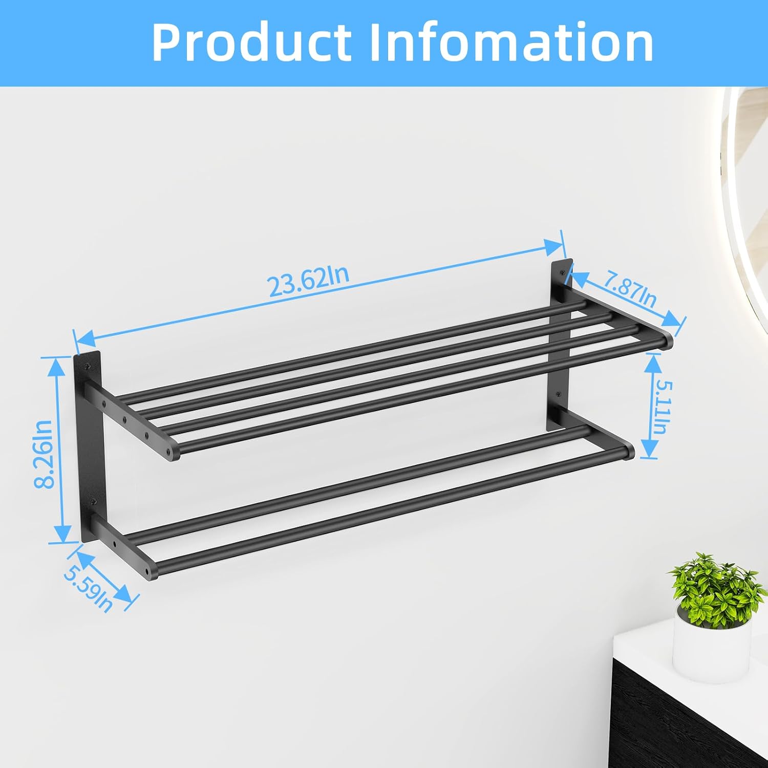 Towel Racks for Bathroom 24 Inch, 2 Tier Towel Shelf with Double Towel Bar, Stainless Steel Bath Towel Rack Wall Mounted
