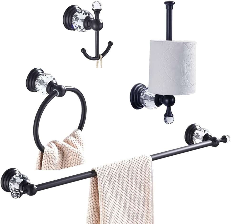 Crystal Bathroom Hardware,Matte Black Adjustable 24 Inch Towel Bar Toilet Paper Holder Towel Ring Coat Hooks 4 Pieces Wall Mounted