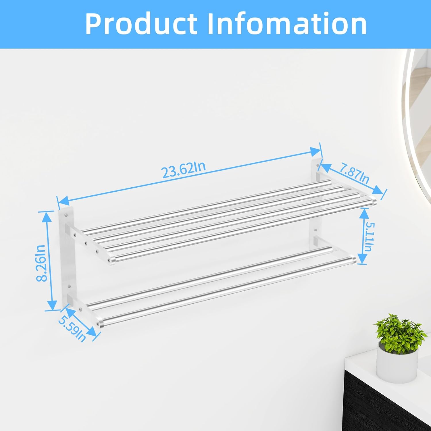 Towel Racks for Bathroom 24 Inch, 2 Tier Towel Shelf with Double Towel Bar, Stainless Steel Bath Towel Rack Wall Mounted
