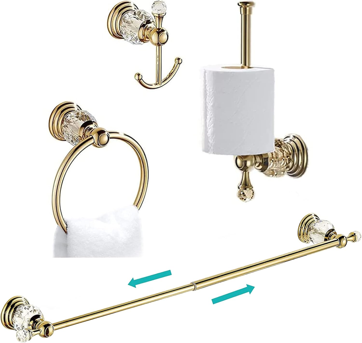 Gold Crystal Bathroom Accessories, Towel Bar Set Toilet Paper Holder Towel Ring Coat Hooks Shinny Bathroom Hardware