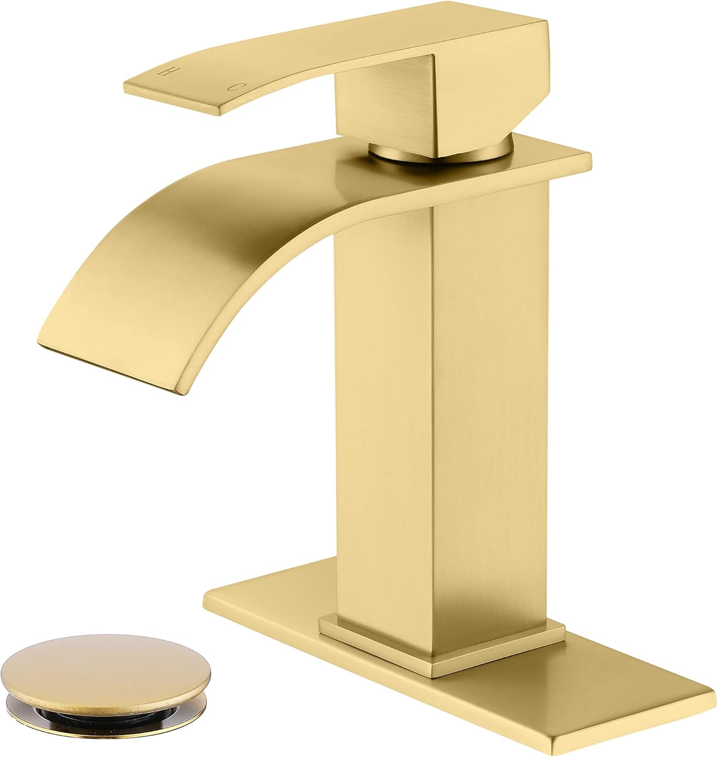 Waterfall Faucet for Bathroom Sink, Single Hole Bathroom Faucet Brushed Gold with Pop Up Drains