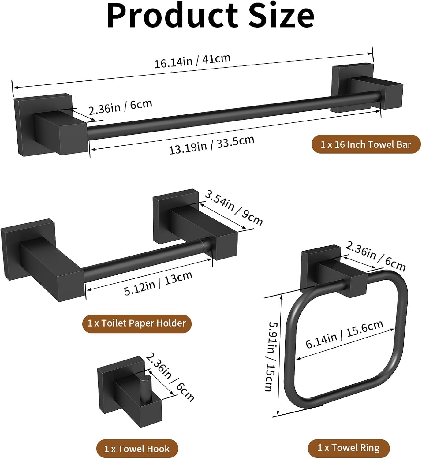 4 Pieces Matte Black Bathroom Hardware Accessories Set, 16 Inch Bath Towel Holder Sets with Toilet Paper Holder