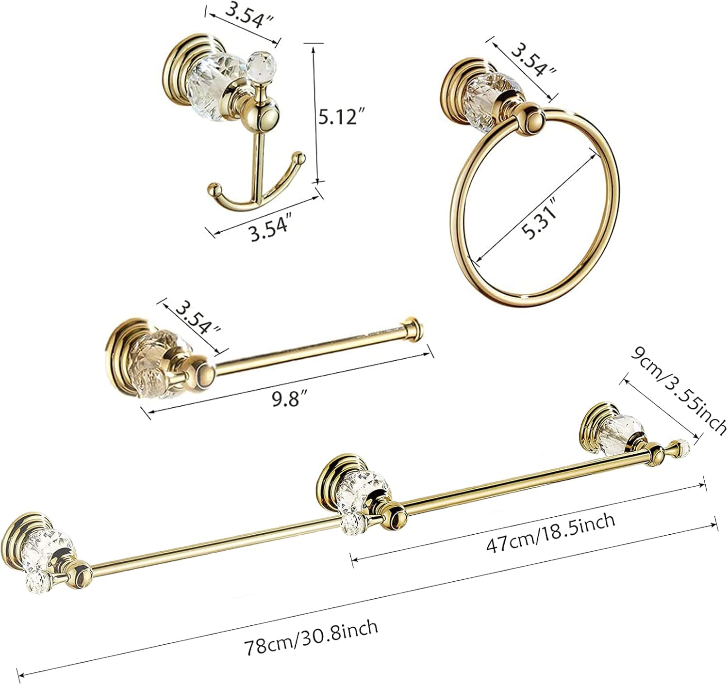 Gold Crystal Bathroom Accessories, Towel Bar Set Toilet Paper Holder Towel Ring Coat Hooks Shinny Bathroom Hardware