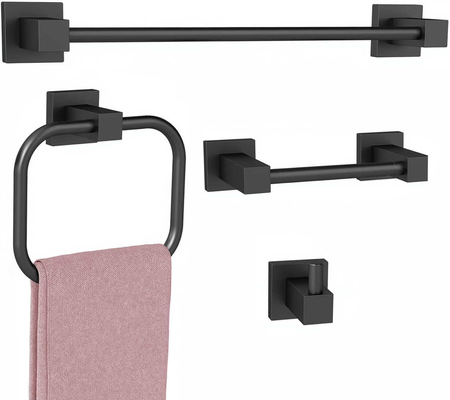 4 Pieces Matte Black Bathroom Hardware Accessories Set, 16 Inch Bath Towel Holder Sets with Toilet Paper Holder