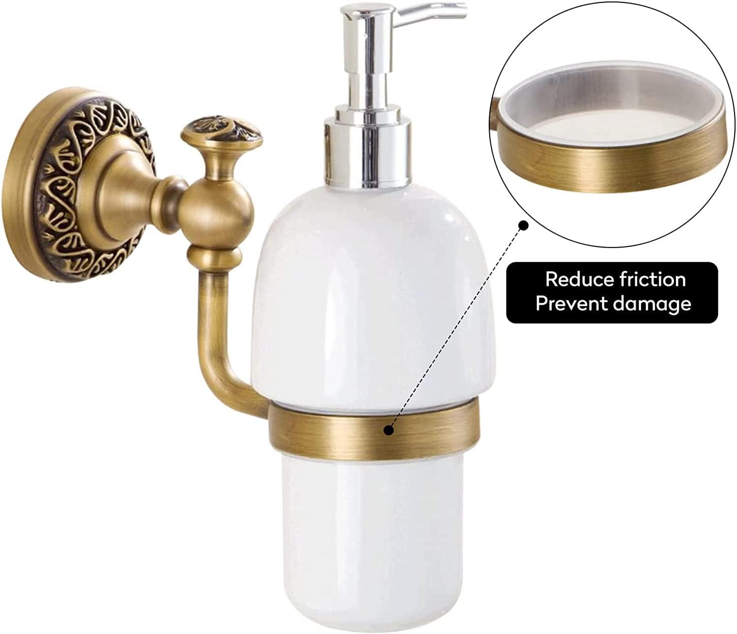 Antique Brass Soap Dispenser,Wall Mount Hand Soap Pump Bathroom Liquid Holder Lotion Bottles Vintage Dish Ceramics Removable for Kitchen Sink Countertop