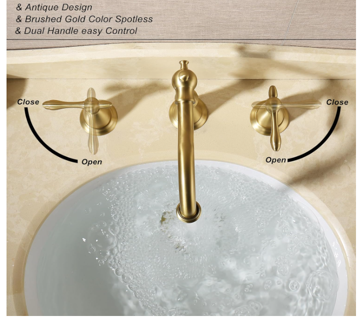 Antique Brushed Gold Bathroom Faucet 3 Hole, Widespread Bathroom Sink Faucet with Pop Up Drain and cUPC Supply Hose