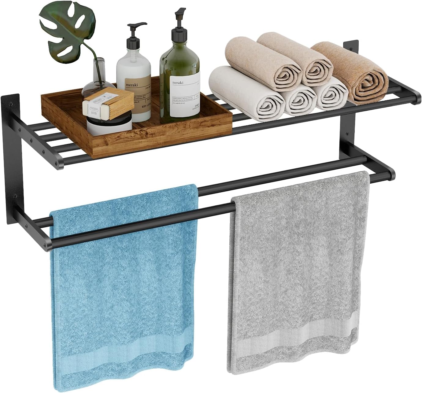 Towel Racks for Bathroom 24 Inch, 2 Tier Towel Shelf with Double Towel Bar, Stainless Steel Bath Towel Rack Wall Mounted