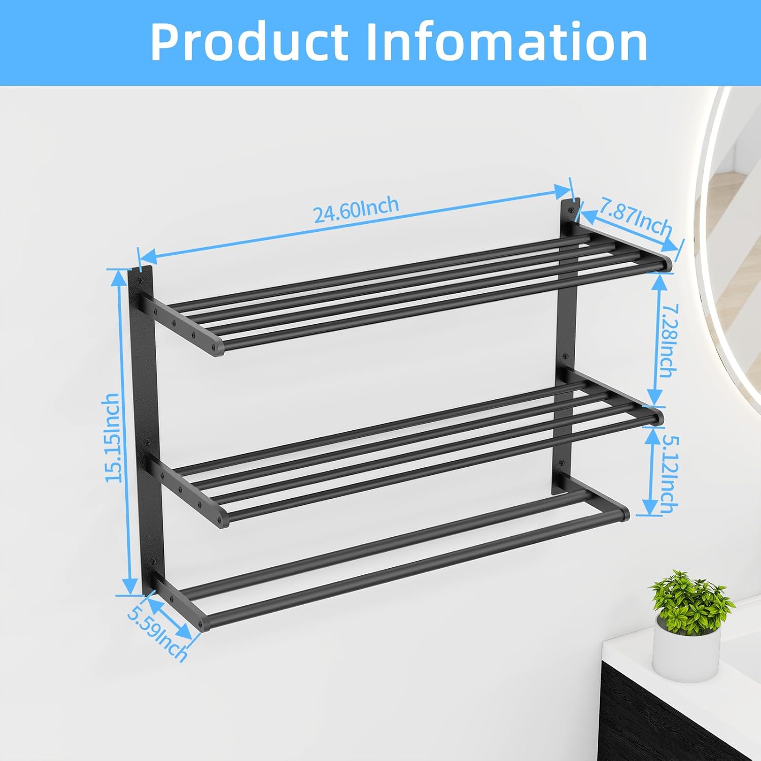 Towel Racks for Bathroom 24 Inch, 3 Tier Towel Shelf with Double Towel Bar, Wall Mounted Towel Rack SUS 304 Stainless Steel