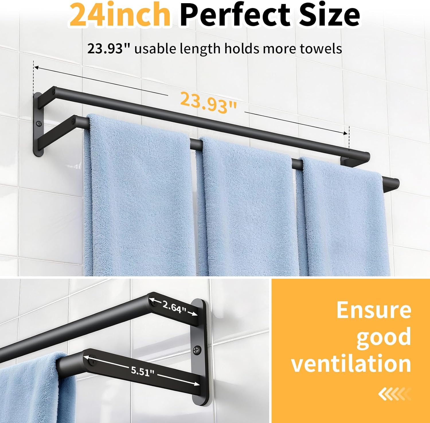 24Inch Towel Rack for Bathroom Wall Mounted, Stainless Steel Double Bath Towel Bar, Wall Towel Holder for Bathroom, Double Towel Rod Towel Hanger