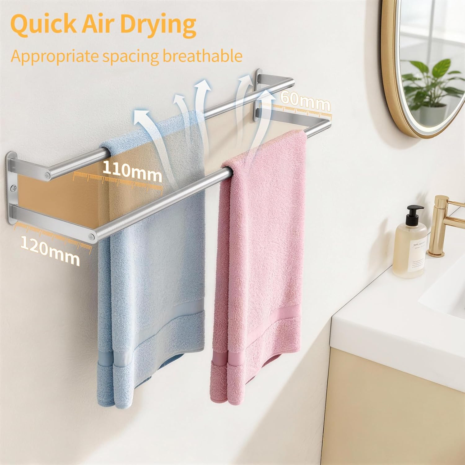 Double Towel Bar 24 Inch, Towel Rack for Bathroom, Stainless Steel Double Bath Towel Rack Wall Mounted