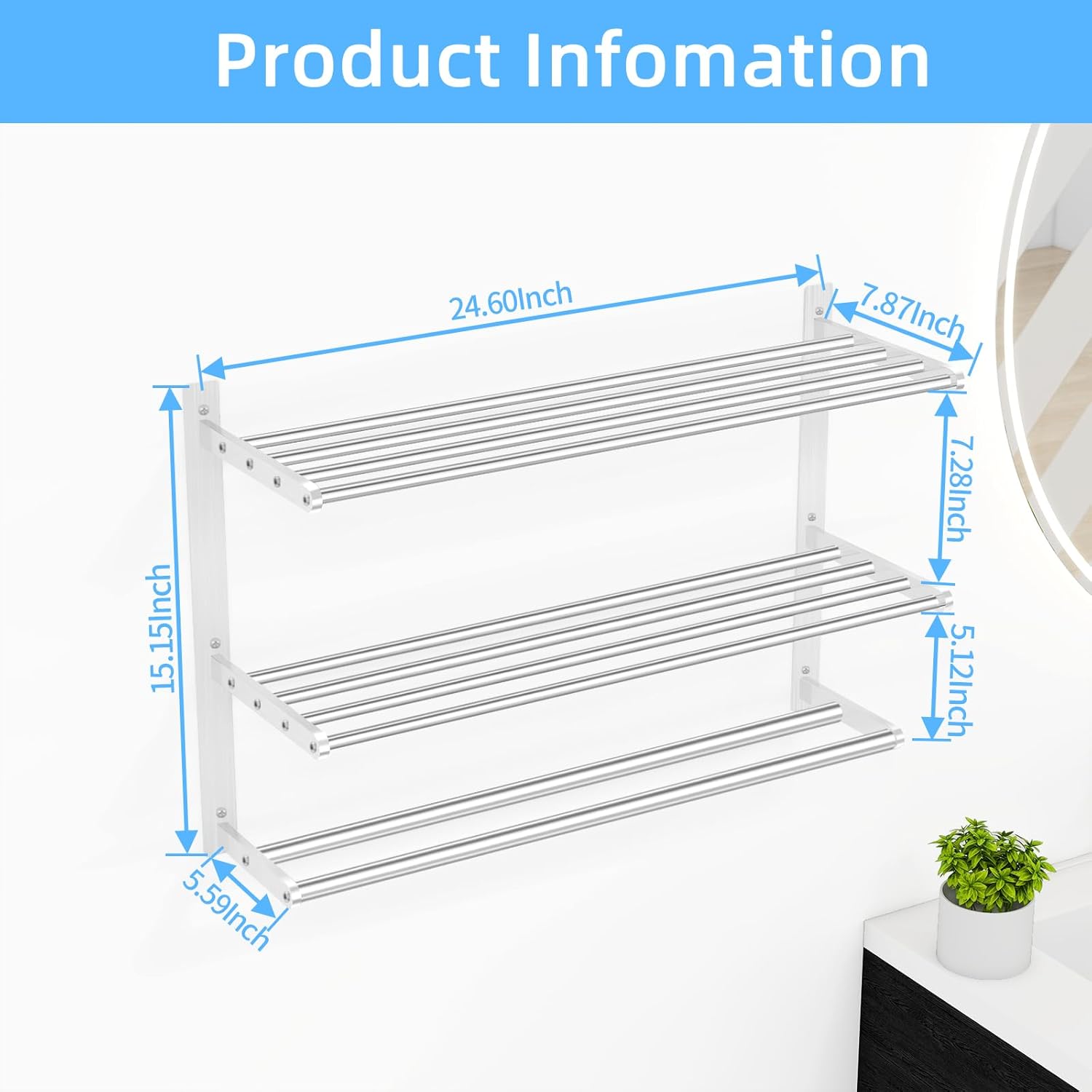 Bathroom Towel Rack 24", 3 Tier Towel Racks for Bathroom Wall Mounted, Bathroom Shelf with Double Towel Bar, Stainless Steel Towel Storage for Bathroom Lavatory Towel Holder