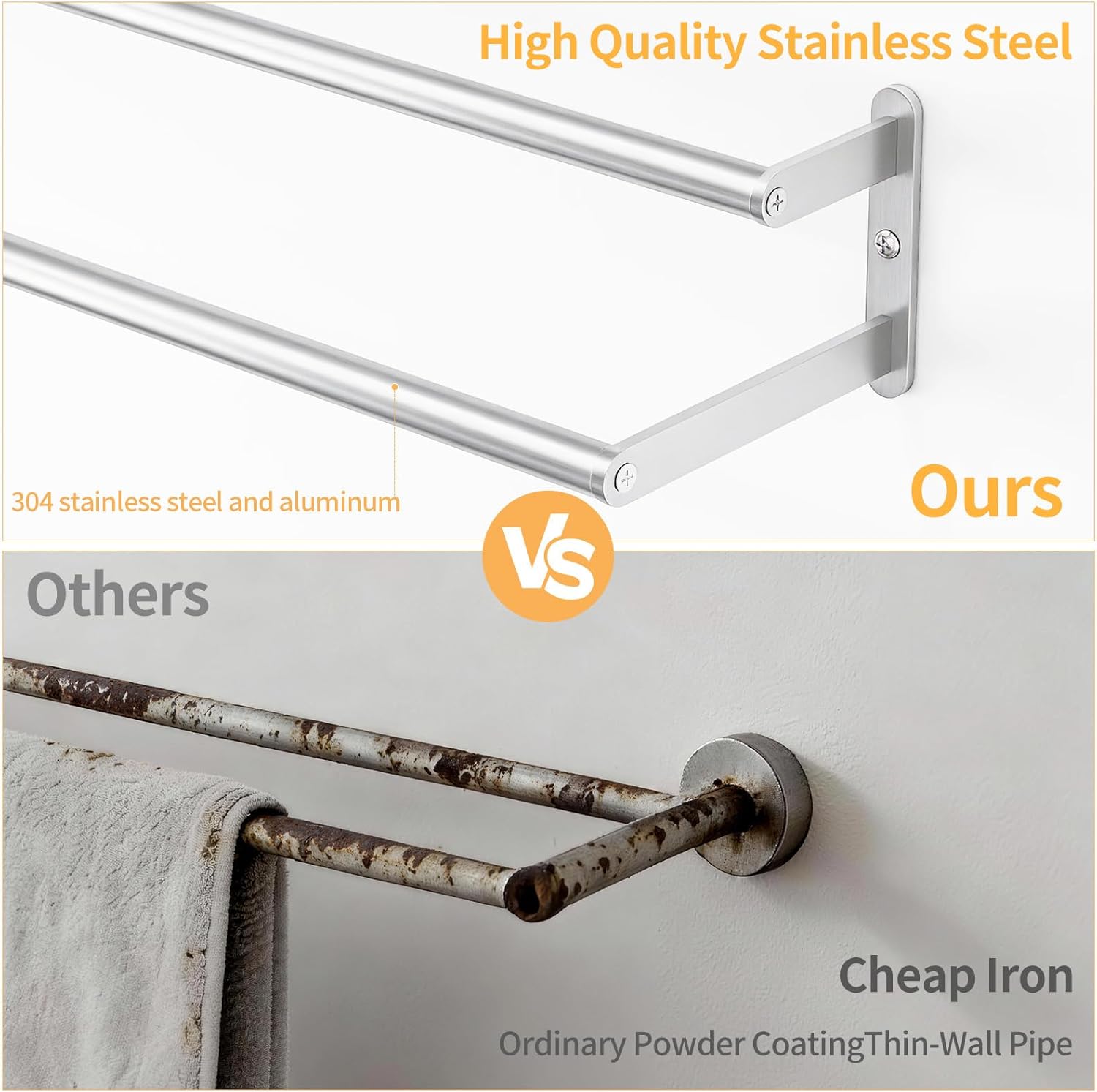Double Towel Bar 24 Inch, Towel Rack for Bathroom, Stainless Steel Double Bath Towel Rack Wall Mounted