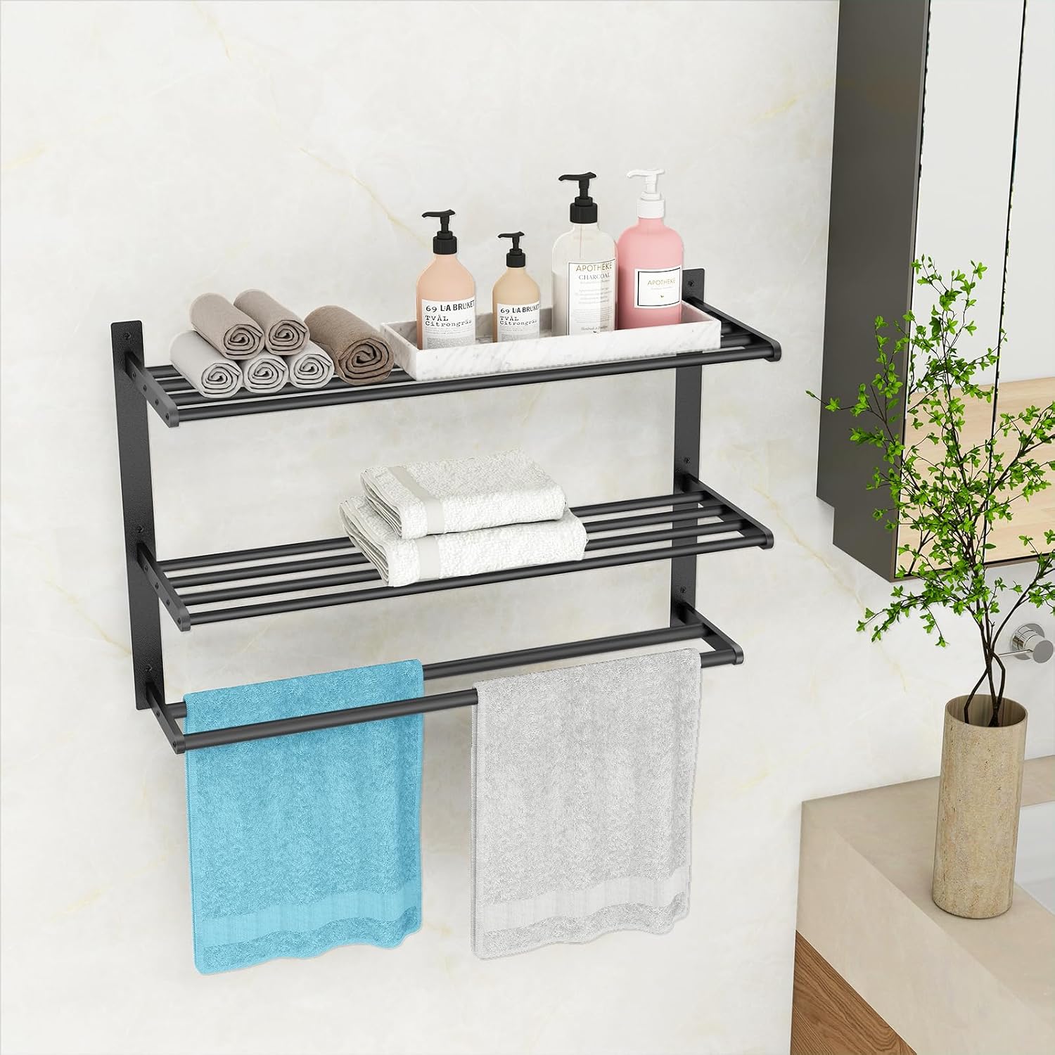 Towel Racks for Bathroom 24 Inch, 3 Tier Towel Shelf with Double Towel Bar, Wall Mounted Towel Rack SUS 304 Stainless Steel