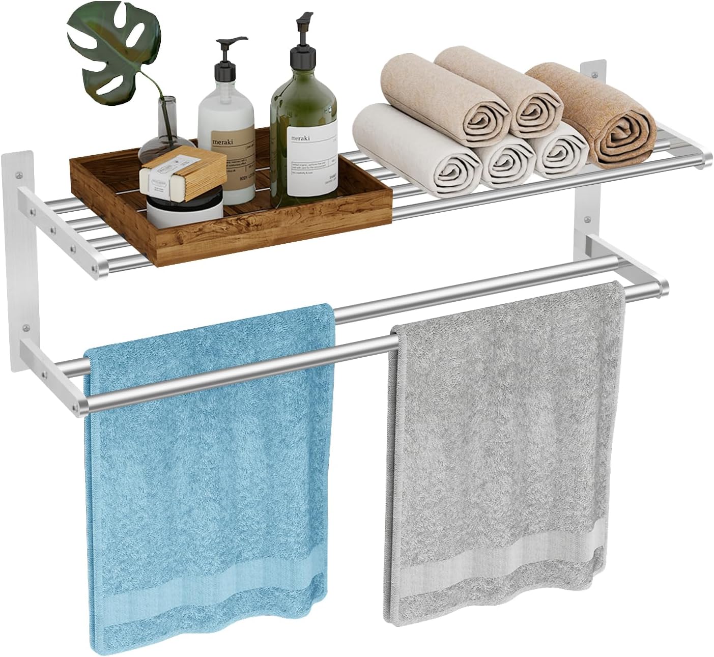 Towel Racks for Bathroom 24 Inch, 2 Tier Towel Shelf with Double Towel Bar, Stainless Steel Bath Towel Rack Wall Mounted