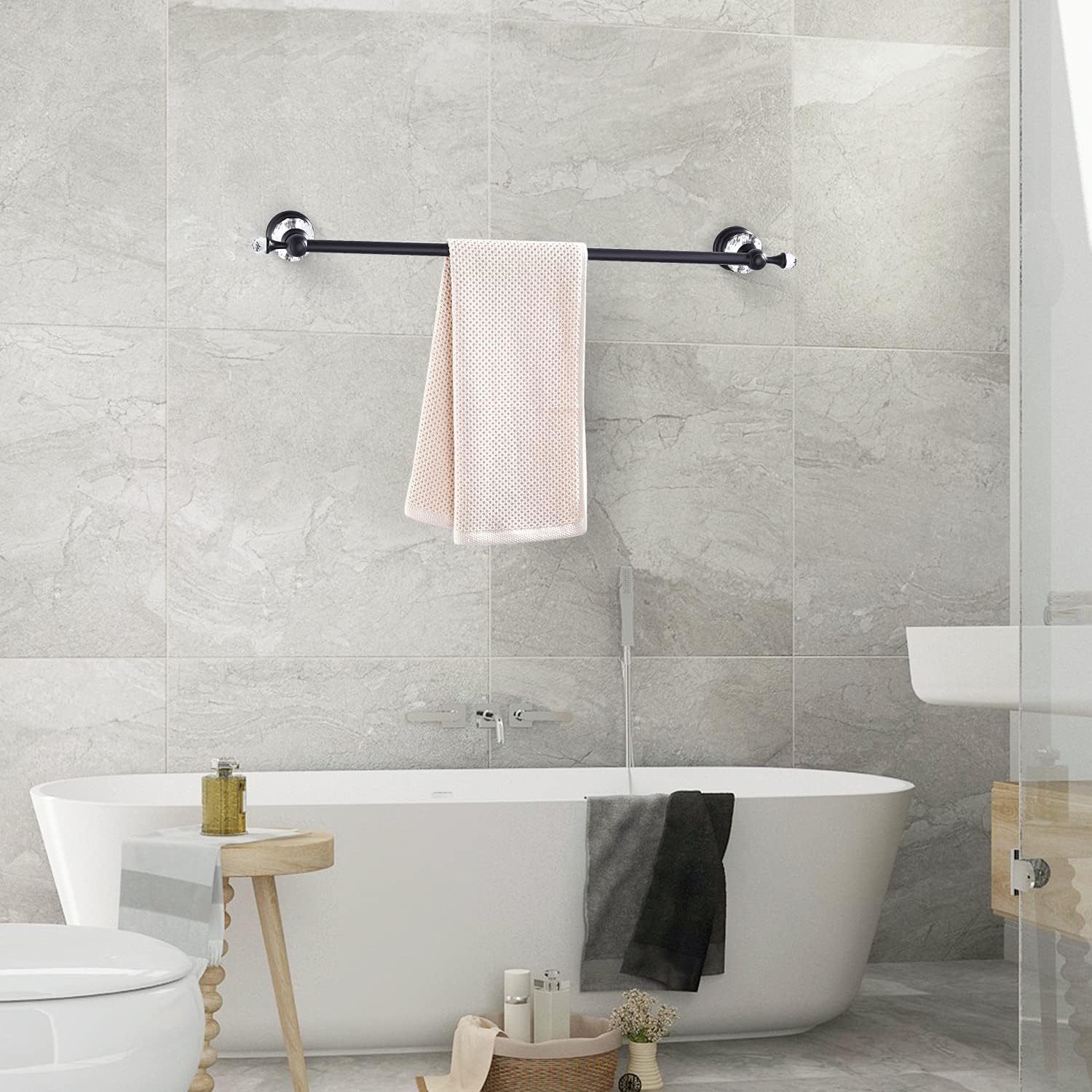 Crystal Bathroom Hardware,Matte Black Adjustable 24 Inch Towel Bar Toilet Paper Holder Towel Ring Coat Hooks 4 Pieces Wall Mounted
