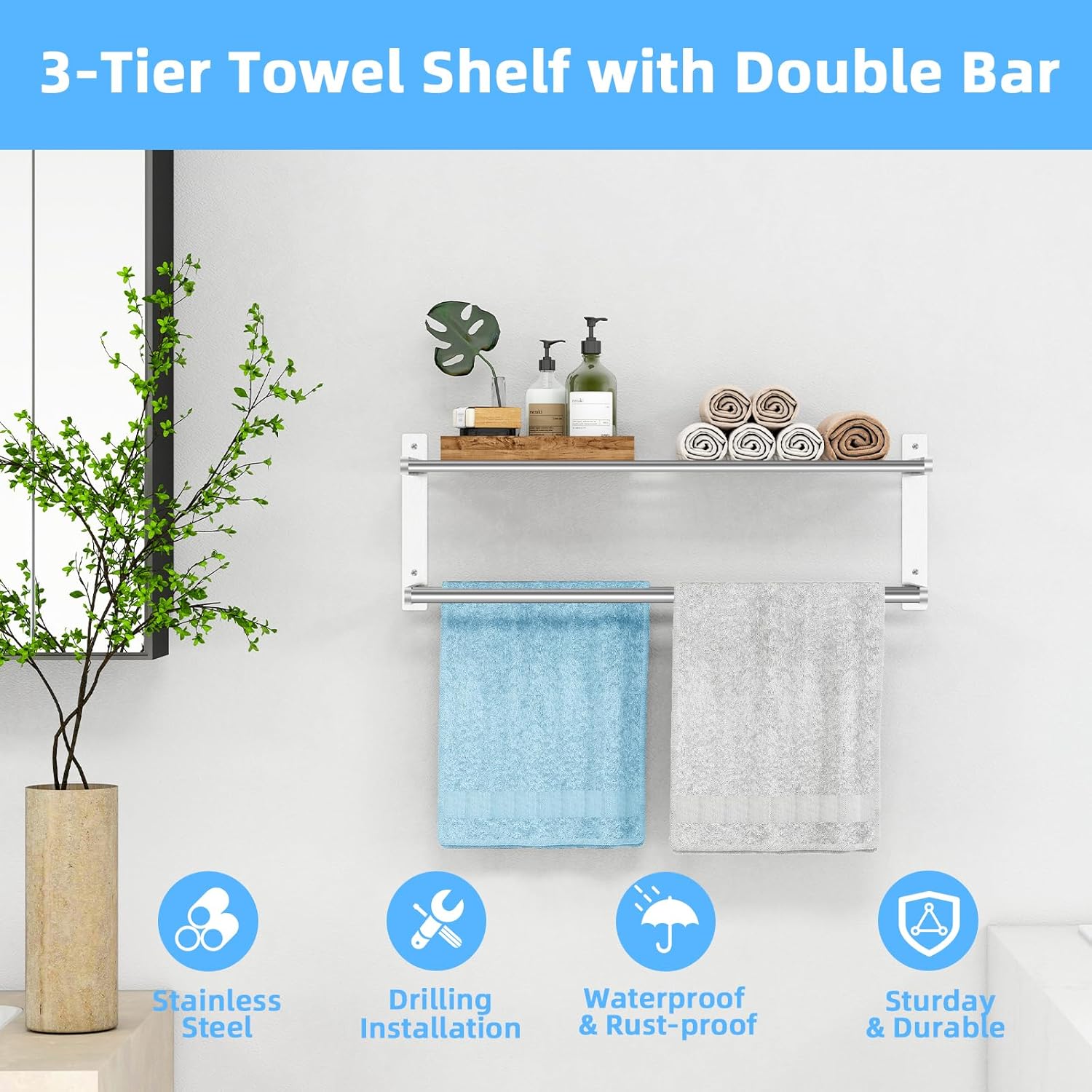 Towel Racks for Bathroom 24 Inch, 2 Tier Towel Shelf with Double Towel Bar, Stainless Steel Bath Towel Rack Wall Mounted