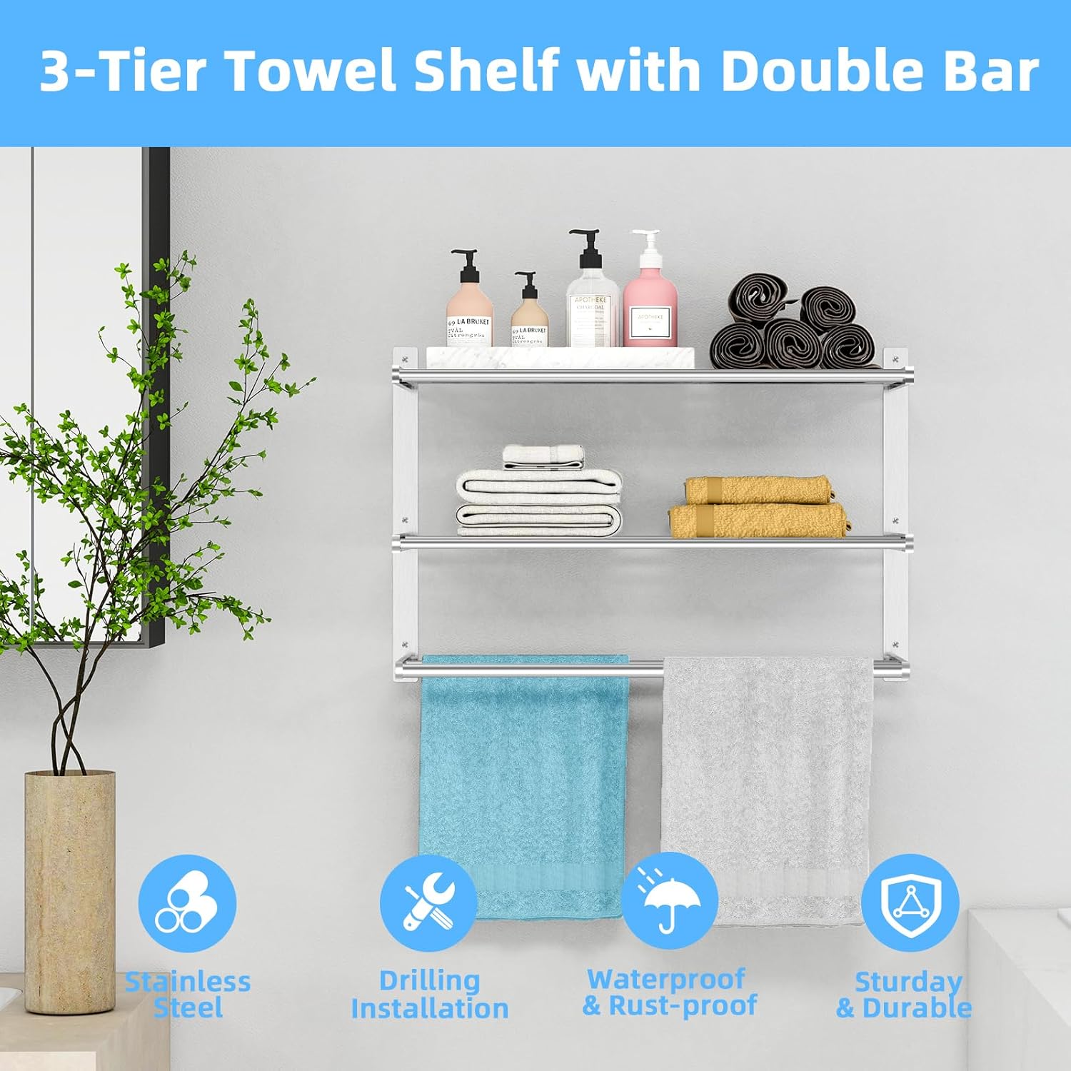 Bathroom Towel Rack 24", 3 Tier Towel Racks for Bathroom Wall Mounted, Bathroom Shelf with Double Towel Bar, Stainless Steel Towel Storage for Bathroom Lavatory Towel Holder