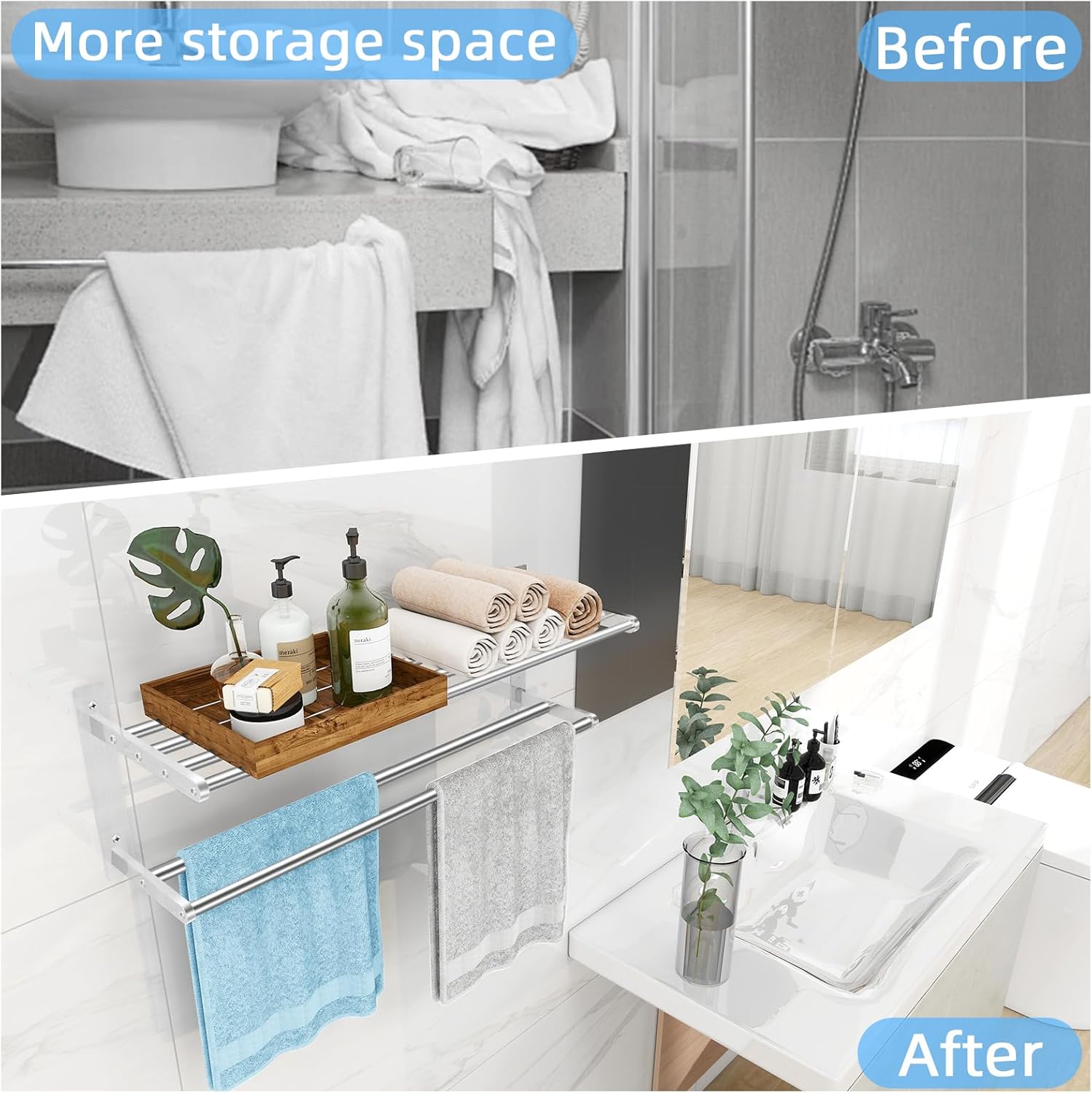 Towel Racks for Bathroom 24 Inch, 2 Tier Towel Shelf with Double Towel Bar, Stainless Steel Bath Towel Rack Wall Mounted