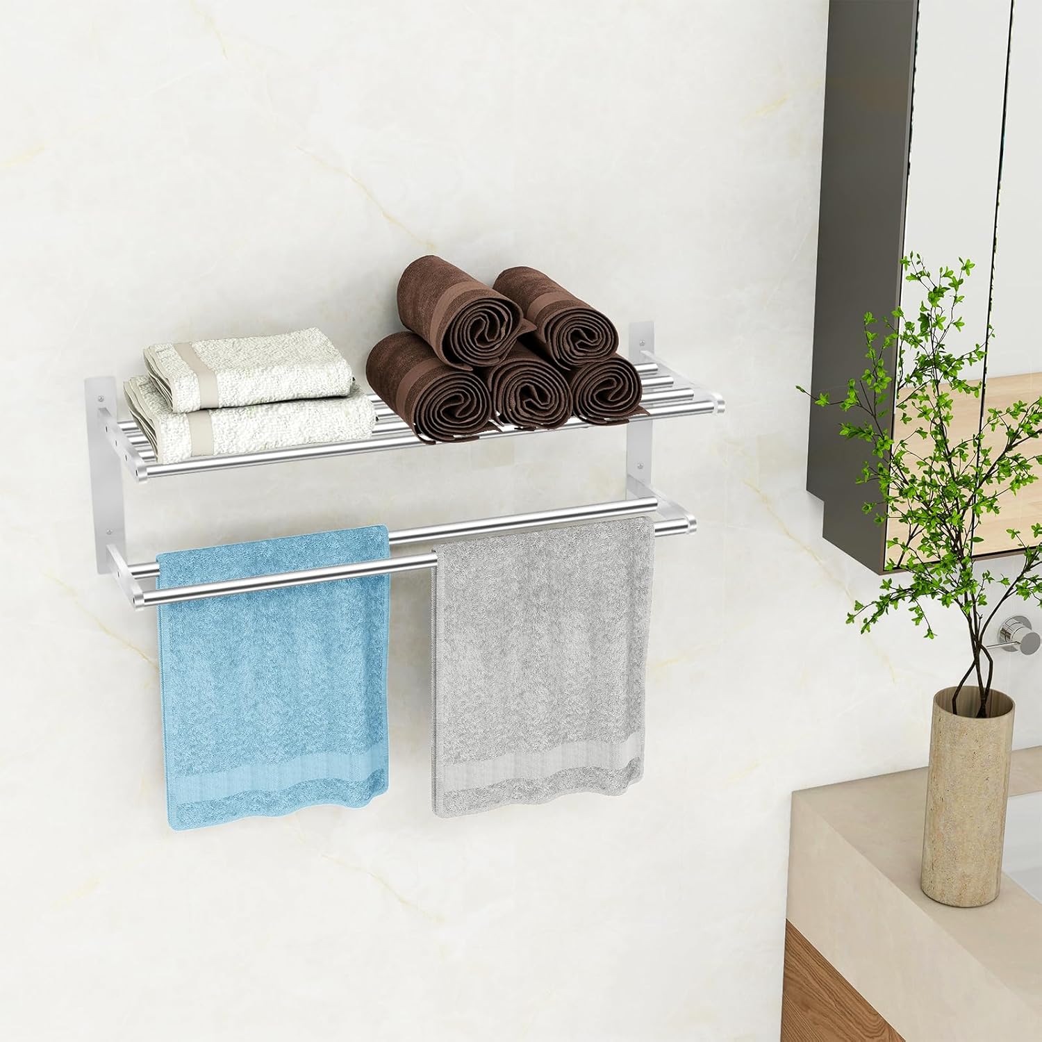Towel Racks for Bathroom 24 Inch, 2 Tier Towel Shelf with Double Towel Bar, Stainless Steel Bath Towel Rack Wall Mounted