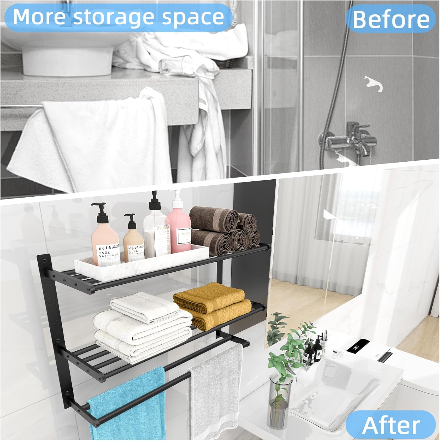 Towel Racks for Bathroom 24 Inch, 3 Tier Towel Shelf with Double Towel Bar, Wall Mounted Towel Rack SUS 304 Stainless Steel