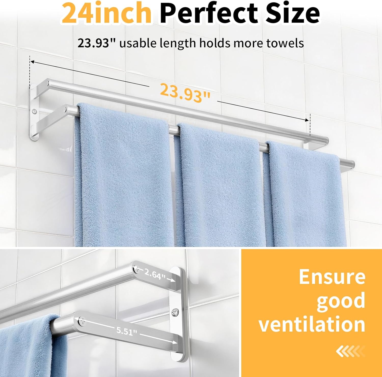 Double Towel Bar 24 Inch, Towel Rack for Bathroom, Stainless Steel Double Bath Towel Rack Wall Mounted