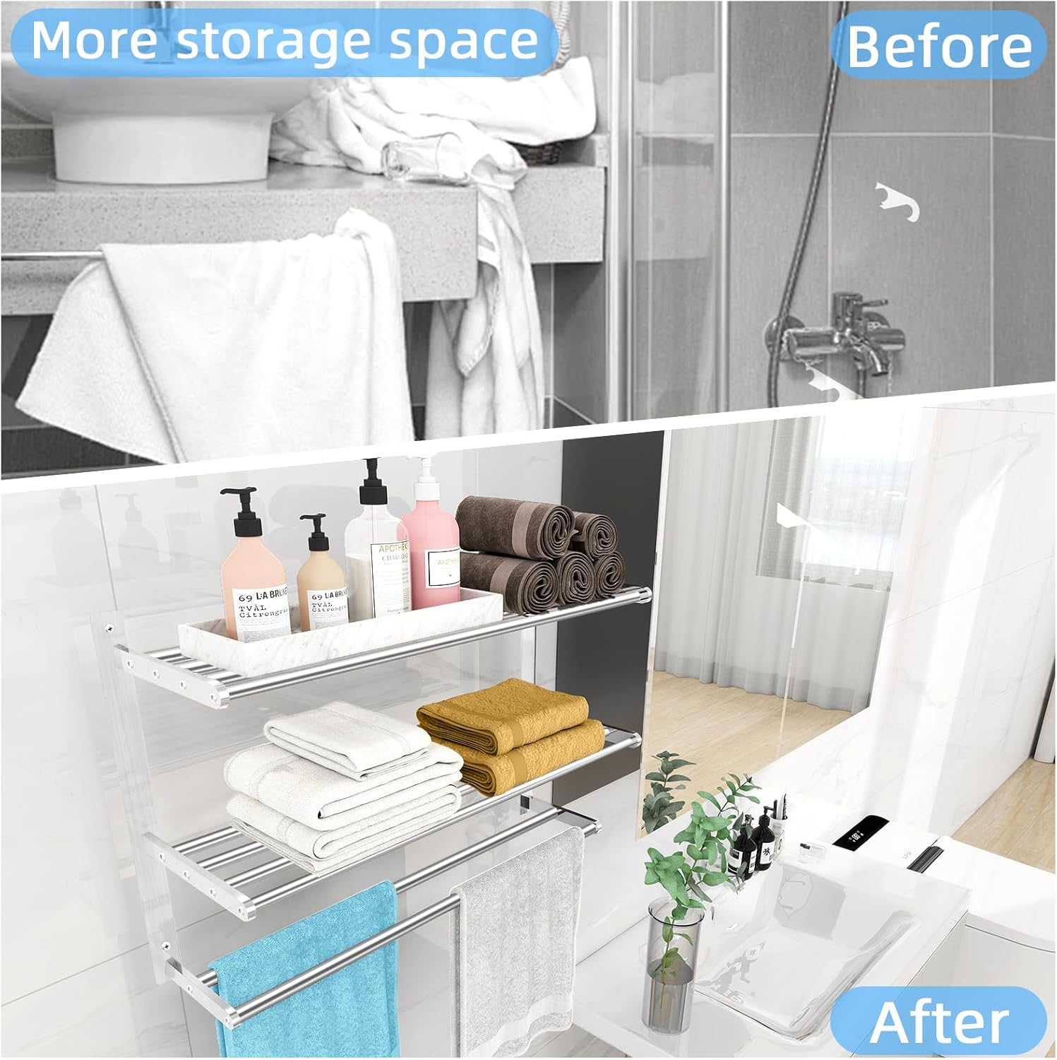 Bathroom Towel Rack 24", 3 Tier Towel Racks for Bathroom Wall Mounted, Bathroom Shelf with Double Towel Bar, Stainless Steel Towel Storage for Bathroom Lavatory Towel Holder