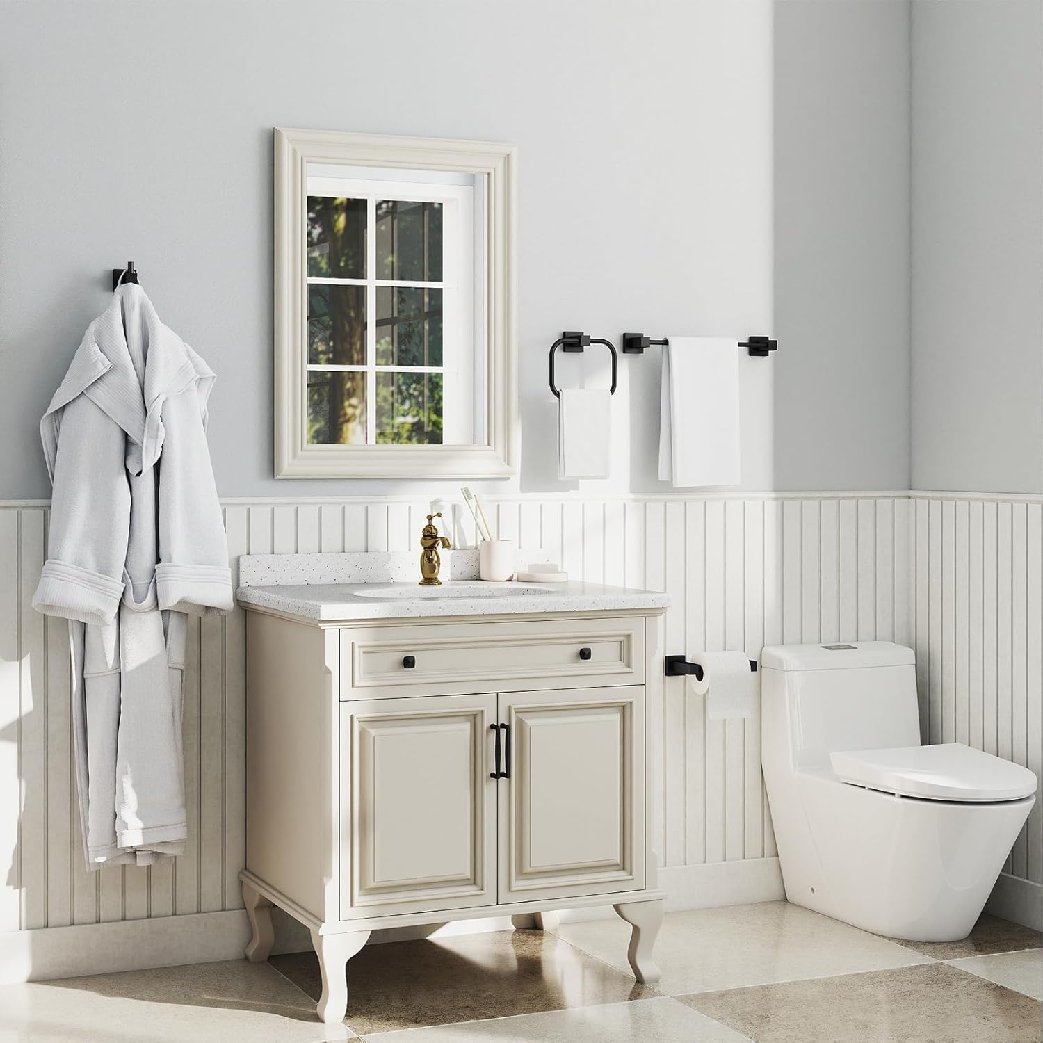 4 Pieces Matte Black Bathroom Hardware Accessories Set, 16 Inch Bath Towel Holder Sets with Toilet Paper Holder