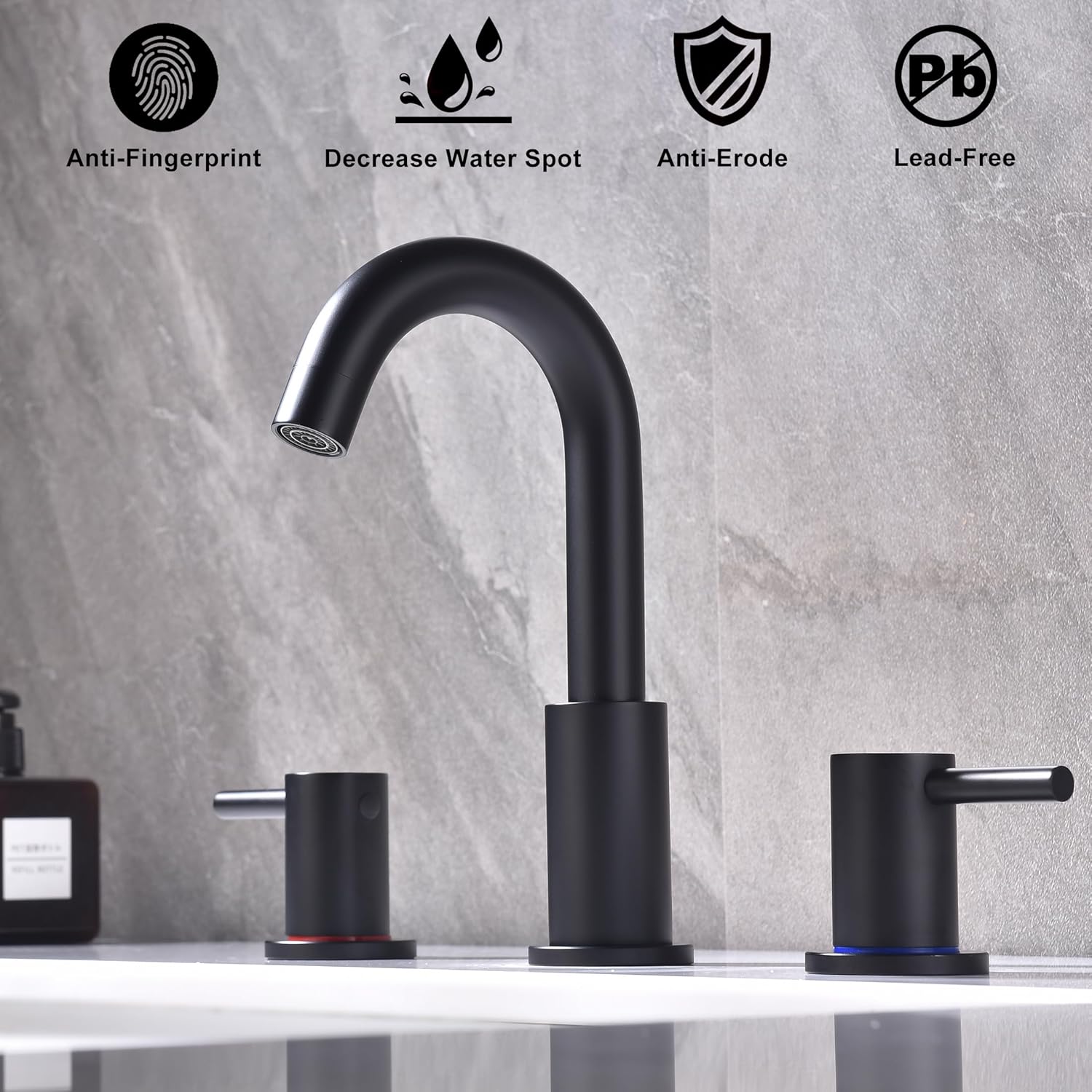 Black 3 Hole Bathroom Faucet, 8 in Matte Black Widespread Bathroom Sink Faucet with Pop Up Drain and Supply Lines