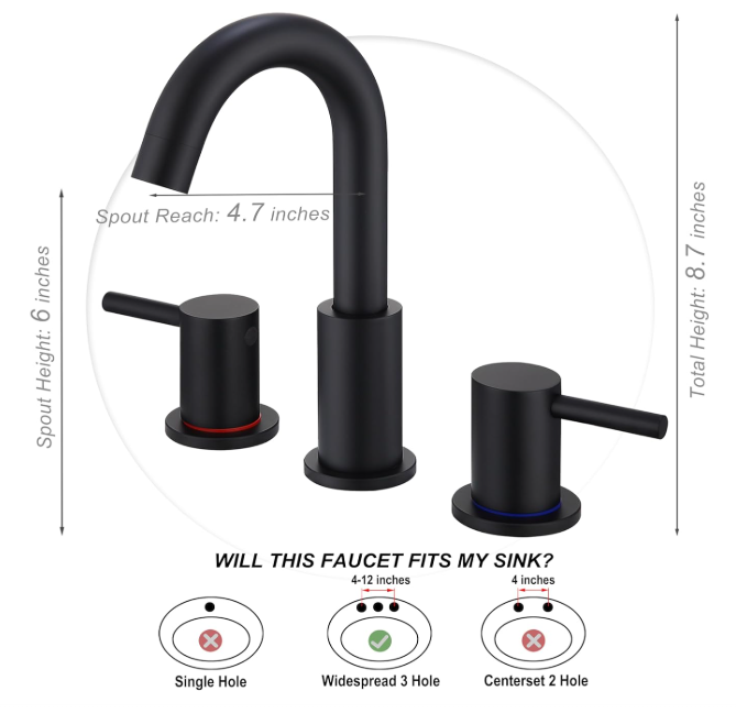 Black 3 Hole Bathroom Faucet, 8 in Matte Black Widespread Bathroom Sink Faucet with Pop Up Drain and Supply Lines