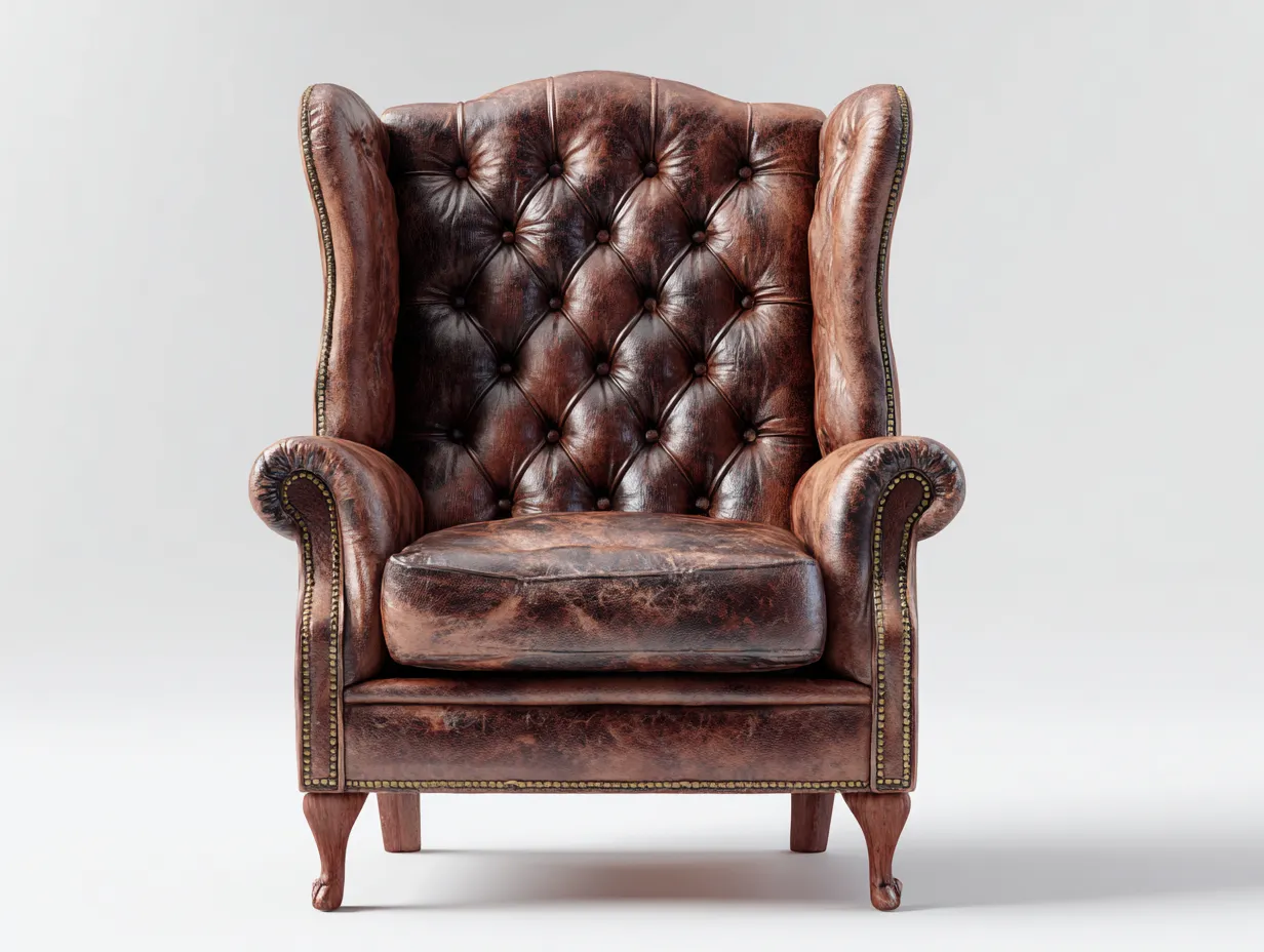 Sillón orejero cuero sintético 90x85x110 cm color marrón apto para salón diseño clásico capitoné con reposabrazos-Homimyyard