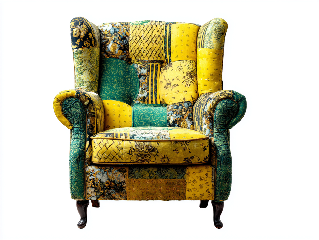 Sillón orejero tela 85x80x110 cm color amarillo-verde apto para salón diseño patchwork con reposabrazos-Homimyyard