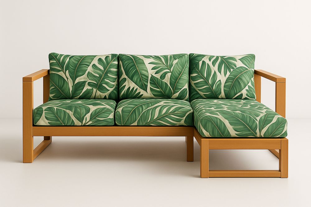 Drewniana Sofa Narożna z Poduszkami w Tropikalne Wzory