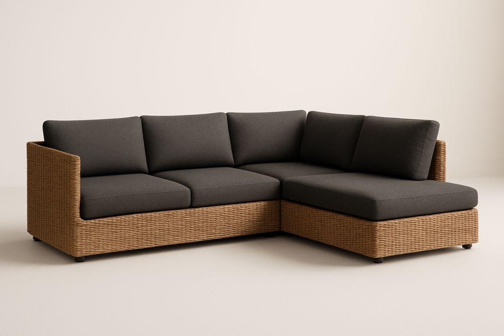 Narożnik rattanowy z ciemnoszarymi poduszkami, długość 250 cm, szerokość 180 cm, wysokość 85 cm