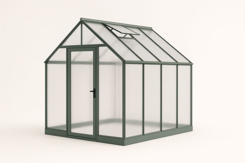 Szklarnia ogrodowa poliwęglanowa z zieloną aluminiową konstrukcją