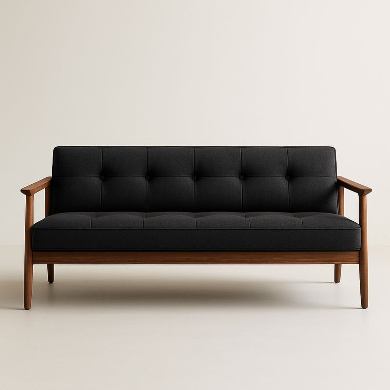 Sofa trzyosobowa z czarnej wełny z ramą z drewna orzecha