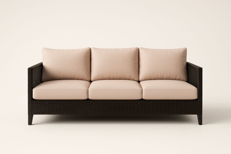 Brązowa sofa trzyosobowa z poduszkami z technorattanu