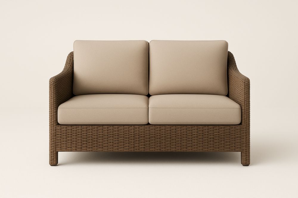 Dwuosobowa sofa z technorattanu z beżowymi poduszkami 120cm