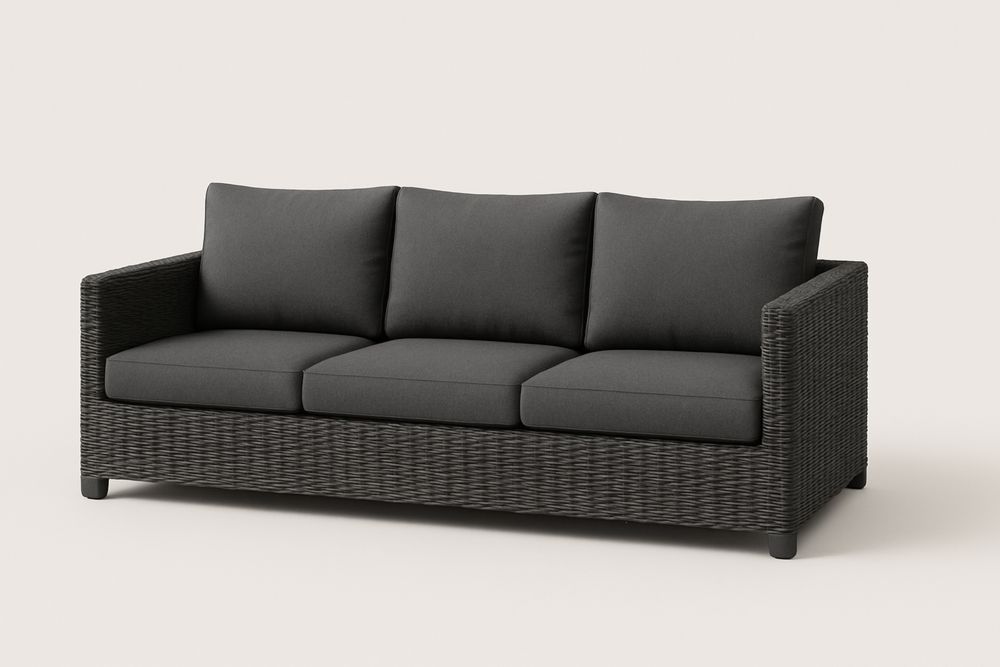 Trzyosobowa sofa z technorattanu z antracytowymi poduszkami