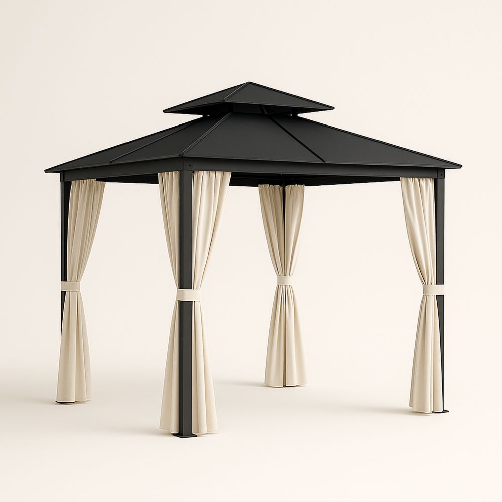 Altana ogrodowa stalowa z zasłonami 3x4 m Czarna Kremowe