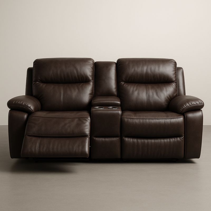 Skórzana sofa dwuosobowa z funkcją relaksu i uchwytami na kubki