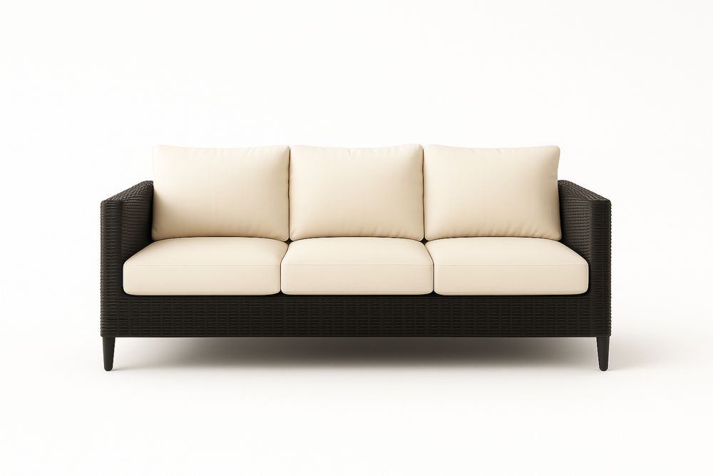 Sofa trzyosobowa z technorattanu czarna z kremowym obiciem 220 cm