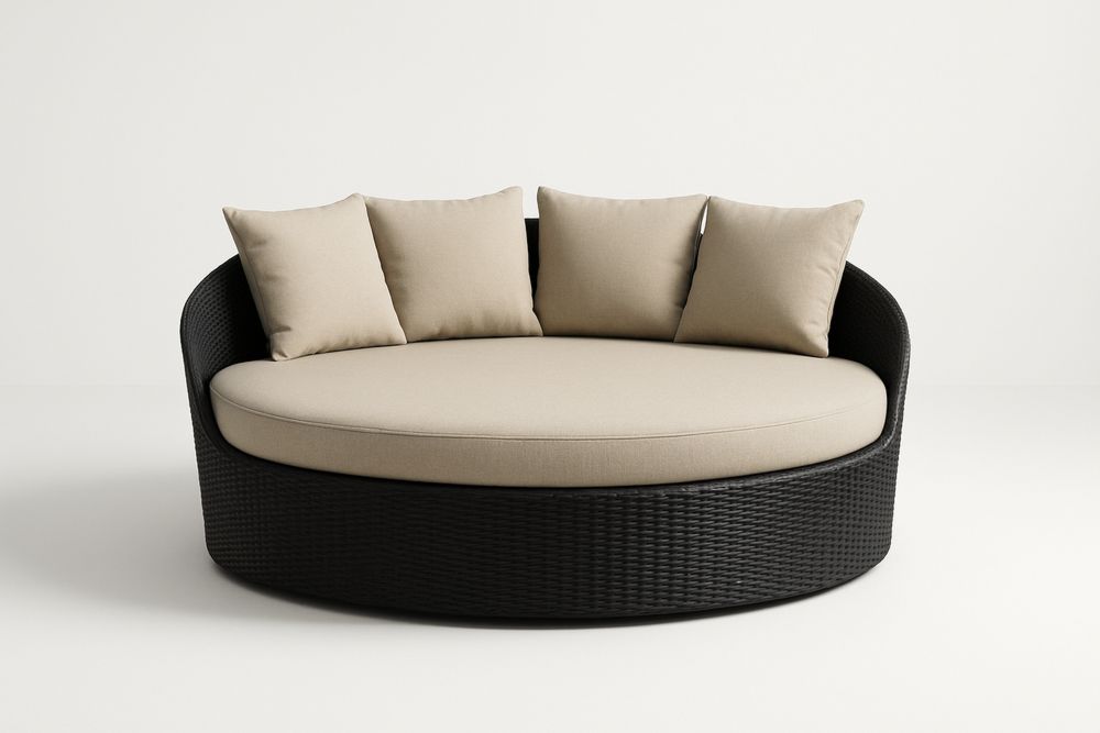 Okrągła sofa ogrodowa z technorattanu z beżowymi poduszkami