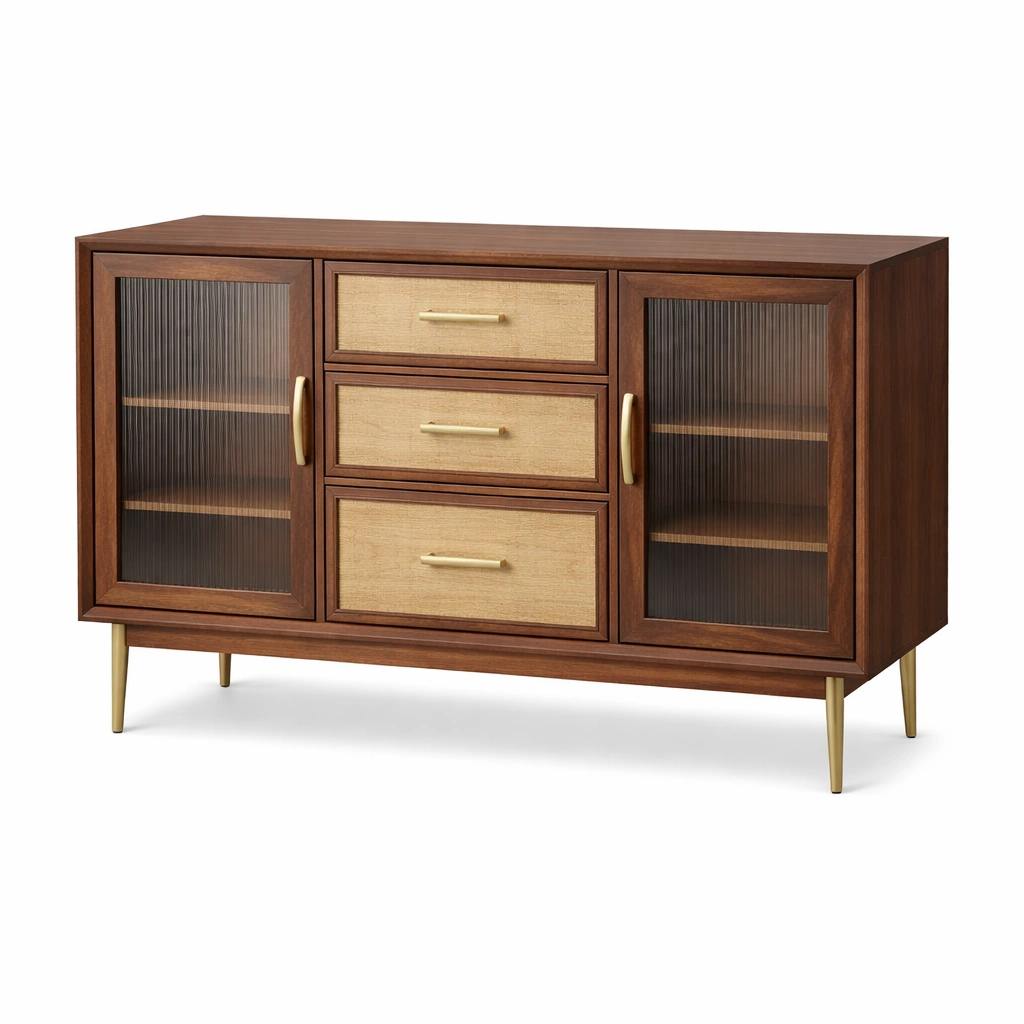 Sideboard Holz mit geriffeltem Glas und Schubladen Braun 150x40x90 cm-HOMECHARMZ