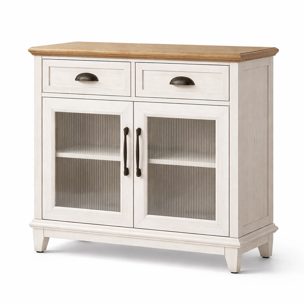 Sideboard Holz Glas Weiß Eiche 90x40x80 cm-HOMECHARMZ