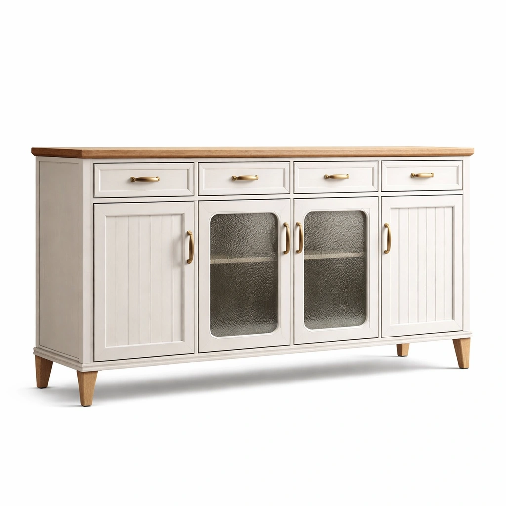 Sideboard Holz Weiß mit Glastüren und Schubladen-HOMECHARMZ