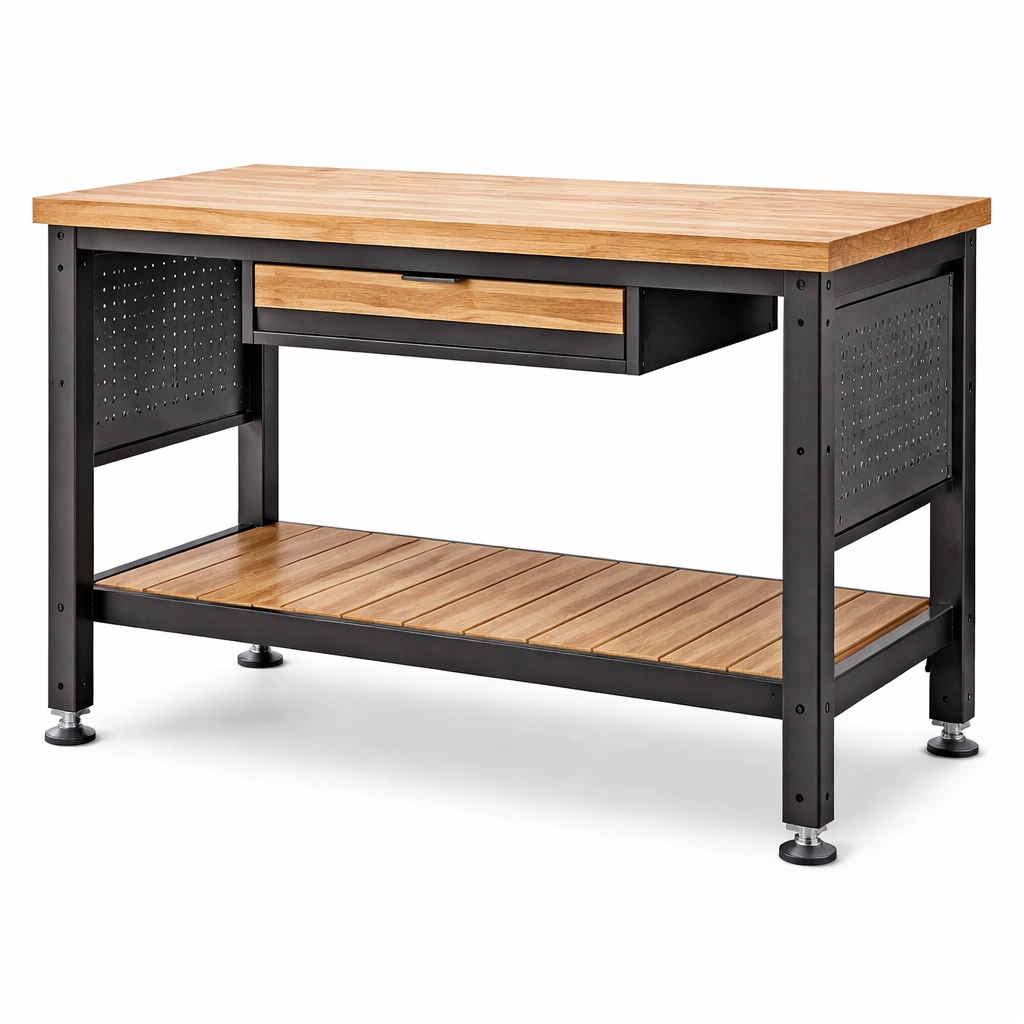 Werkbank Eichenholz und Stahl mit Schublade 120x60x90 cm-HOMECHARMZ